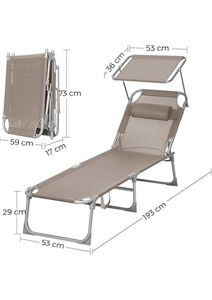 GCB192K01 Şezlong, Katlanabilir, 193 x 53 x 29 Cm, Taşıma Kapasitesi 150 Kg, Güneşlik ve Eğilebilir Sırtlık, Bahçe, Havuz, Teras Için, Boz Kahverengi modelleri
