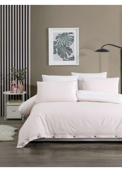 Milan Çizgili Desenli Ahşap Düğme Aksesuarlı %100 Pamuklu Nevresim Takımı