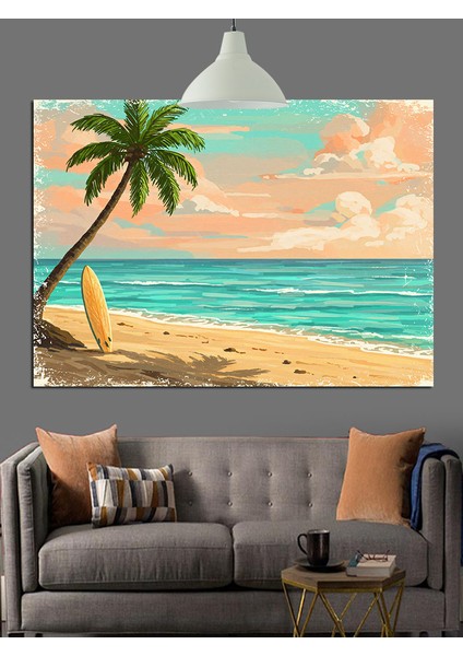 Palmiye Ağacı Plaj Manzarası Dekoratif Kanvas - Mdf Ahşap Tablo fırsatları