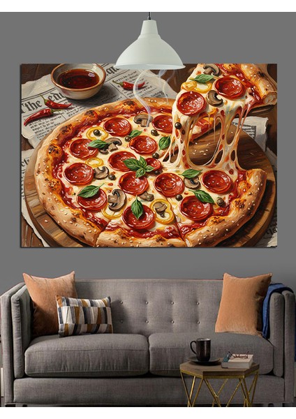 Bütün Peynirli Büyük Pizza Dilimleri Dekoratif Kanvas - Mdf Ahşap Tablo fiyatları