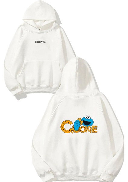 Cookie Tasarım Baskılı Oversize Beyaz Kapüşonlu Sweatshirt