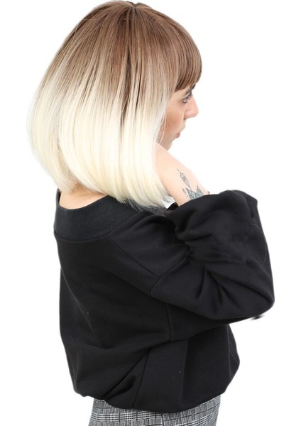 Kısa Küt Perçemli Fiber Sentetik Peruk - Kumral / Platin Ombreli fiyatları