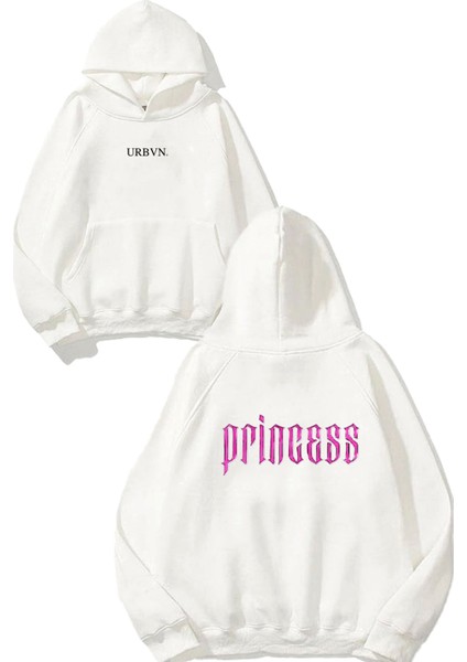 Princess Tasarım Baskılı Oversize Beyaz Kapüşonlu Sweatshirt