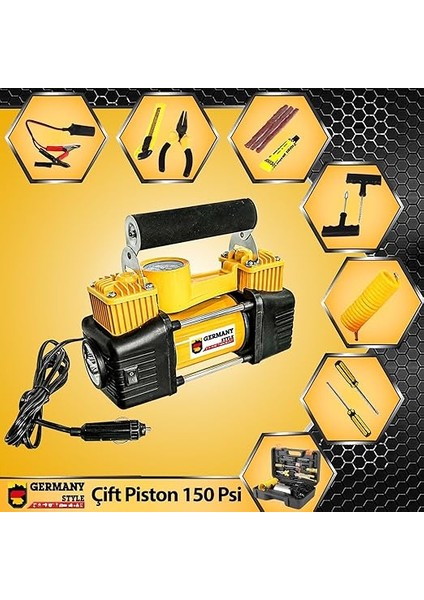 Profesyonel Çift Pistonlu 12 V 150 Psi Dakikada 85 Lt Araç Araba Lastik Bot Şişirme Kompresörü Lastik Tamir Kiti Hediyeli indirimleri
