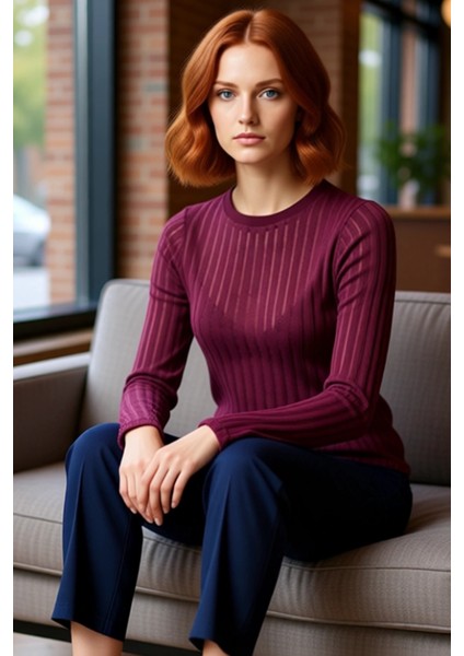 Kadın Uzun Kollu Triko Görünümlü Bluz Fitted Kalıp Bisiklet Yaka Örme Kumaş Cool ve Comfort fırsatları