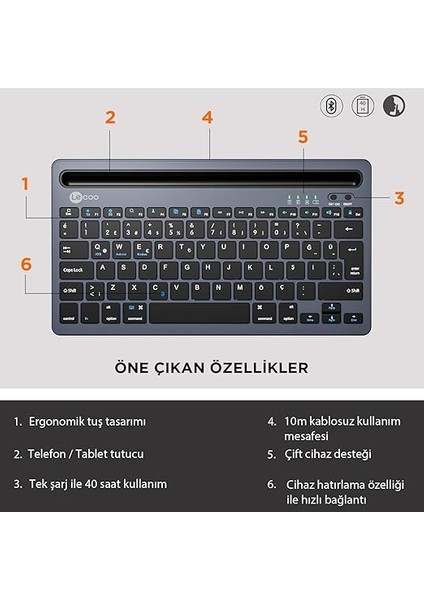 BK100 Kablosuz Bluetooth Şarj Edilebilir, Çoklu Cihaz ile Uyumlu, Telefon/tablet Tutucu Kart Yuvası, Akıllı Uyku Modlu, 40 Saat Çalışma, 78 Tuş, Kompakt Ultra Ince Qwerty Türkçe Q Klavye Gri fırsatları