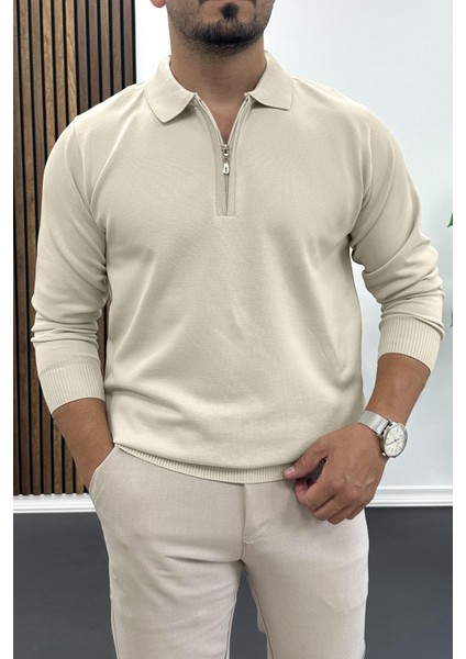 Erkek Yarım Fermuarlı Düz Desen Polo Yaka Kazak Krem EDW424