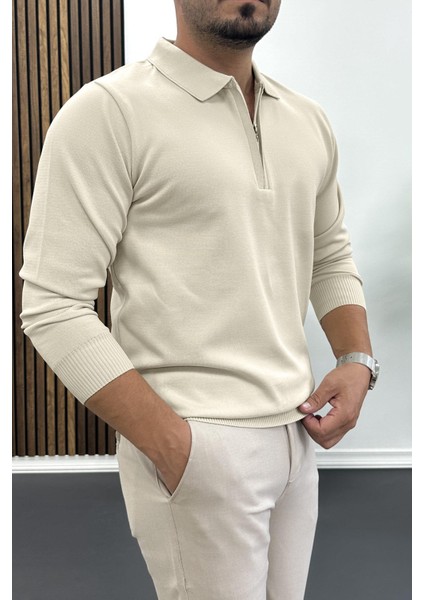 Erkek Yarım Fermuarlı Düz Desen Polo Yaka Kazak Krem EDW424 fiyatları