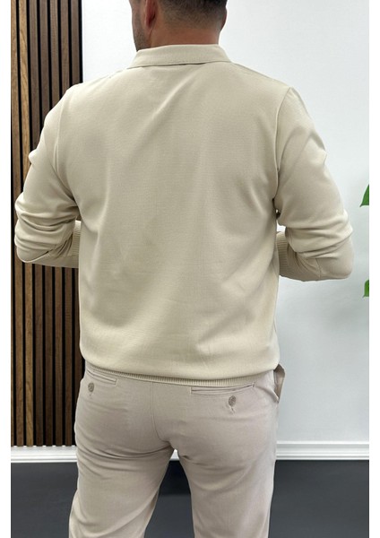 Erkek Yarım Fermuarlı Düz Desen Polo Yaka Kazak Krem EDW424 modelleri