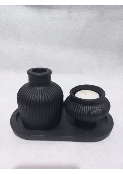 Tabaklı Küp Vazolu Fiji Mumluk Set Siyah
