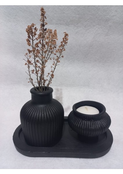 Tabaklı Küp Vazolu Fiji Mumluk Set Siyah