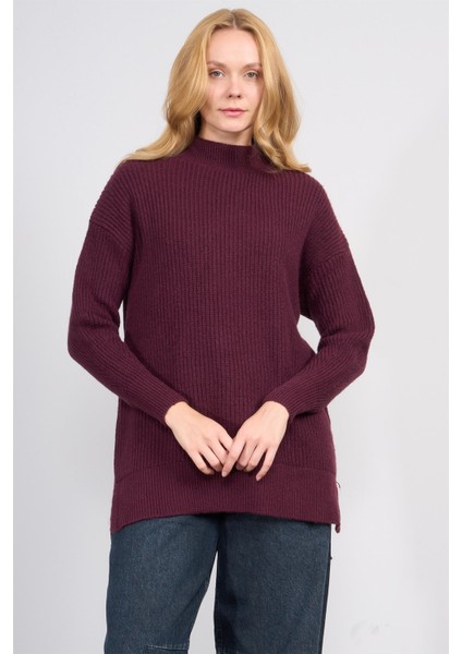 Çetinkaya Miya Mira Modest 8630 Kadın Dik Yaka Akrilik Yırtmaçlı Triko Kazak Mürdüm