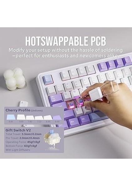 Ajazz AK980 Ekranlı Mekanik Klavye Rgb, Tam Boy Hot-Swap 3 Modlu 8000 Mah Batarya Oyun Klavyesi, Bluetooth /2.4g Kablosuz/type-C Kablolu Mor/gift Switch fiyatları