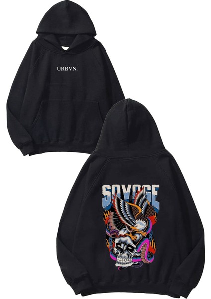 Savage Skull Tasarım Baskılı Oversize Siyah Kapüşonlu Sweatshirt