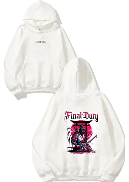 Final Duty Tasarım Baskılı Oversize Beyaz Kapüşonlu Sweatshirt