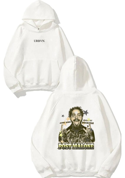 Post Malone Tasarım Baskılı Oversize Beyaz Kapüşonlu Sweatshirt