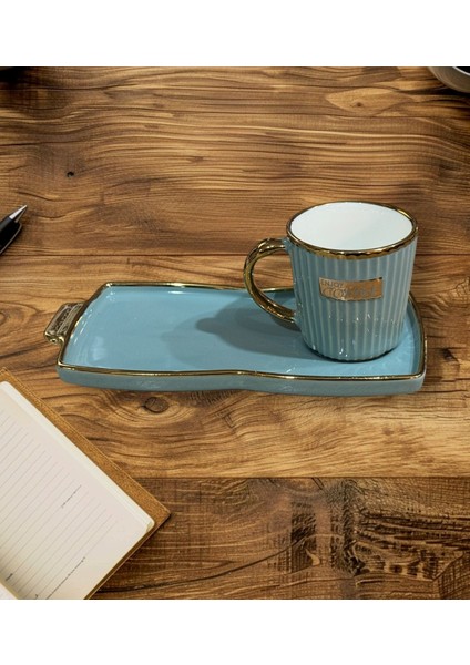 Porselen Sedef Yaldızlı Sunumluklu Kahve Fincan Takımı Seti 6 Kişilik