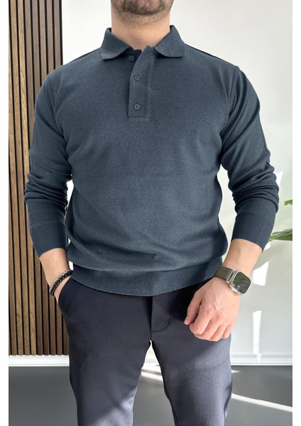 Erkek Düğmeli Polo Yaka Kazak Indigo EDW231