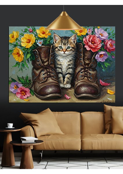 Botlu Kedi Çiçekli Çizim Dekoratif Kanvas - Mdf Ahşap Tablo