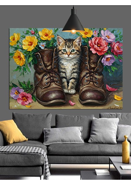 Botlu Kedi Çiçekli Çizim Dekoratif Kanvas - Mdf Ahşap Tablo fiyatları