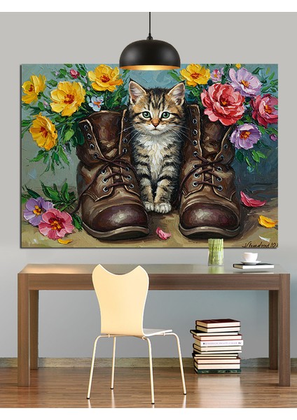 Botlu Kedi Çiçekli Çizim Dekoratif Kanvas - Mdf Ahşap Tablo fırsatları