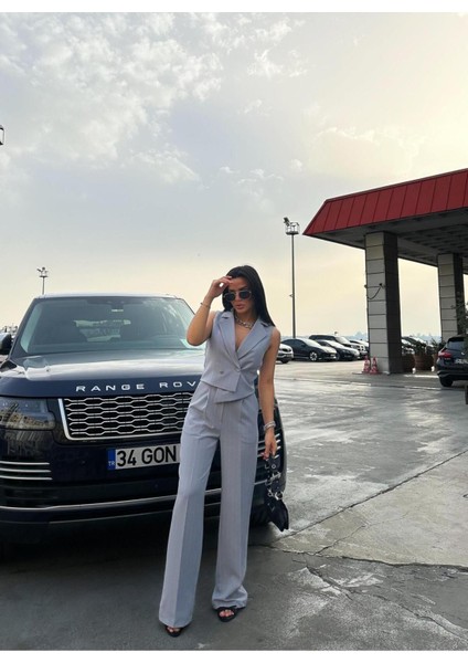 Kadın Çizgili Asimetrik Kesim Yelek Palazzo Pantolon Takım Elbise fiyatları