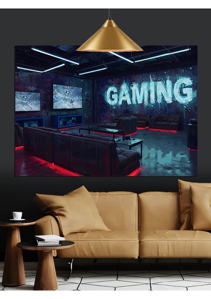 Neon Işıklı Oyun Odası Gaming Dekoratif Kanvas - Mdf Ahşap Tablo