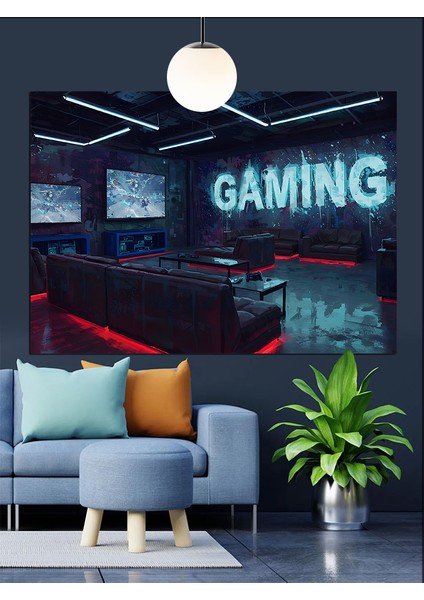 Neon Işıklı Oyun Odası Gaming Dekoratif Kanvas - Mdf Ahşap Tablo indirimleri