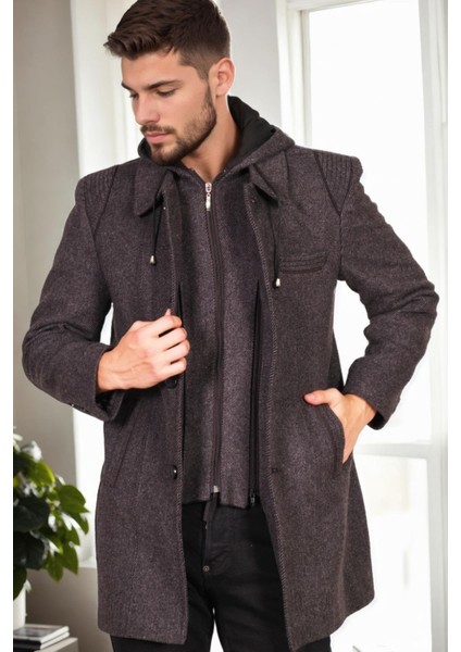 PLT9335 Dewberry Erkek Palto-Diagonal Siyah-Antrasit