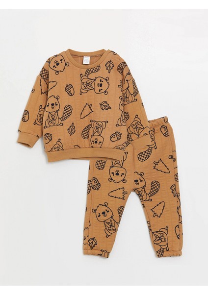 Lcw Baby Kahverengi Bisiklet Yaka Baskılı Erkek Bebek Sweatshirt ve Eşofman Alt 2'li