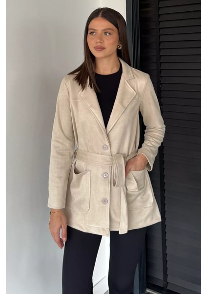 Kadın Kruvaze Yaka Ön Düğmeli Bel Kuşaklı Ceket P-00018890