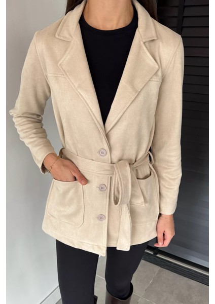 Kadın Kruvaze Yaka Ön Düğmeli Bel Kuşaklı Ceket P-00018890 fiyatları