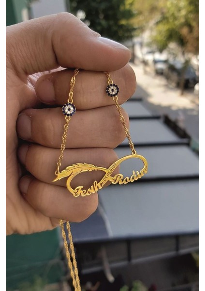 925 Ayar Gümüş 24 Ayar Altın Kaplama 2 Nazar Boncuklu Tüylü Sonsuzluk Kolye