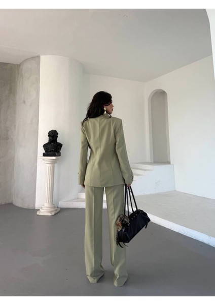 Kadın Gold Kurabiye Düğmeli Blazer Ceket Palazzo Pantolon Takım Elbise