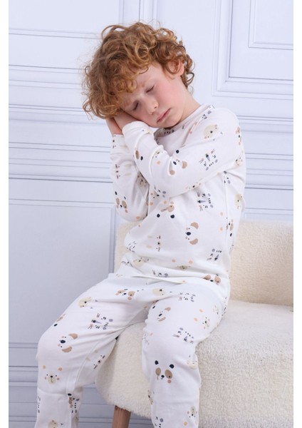 105 Erkek Çocuk Uzun Kollu Bisiklet Yaka Pijama Takım-Beyaz