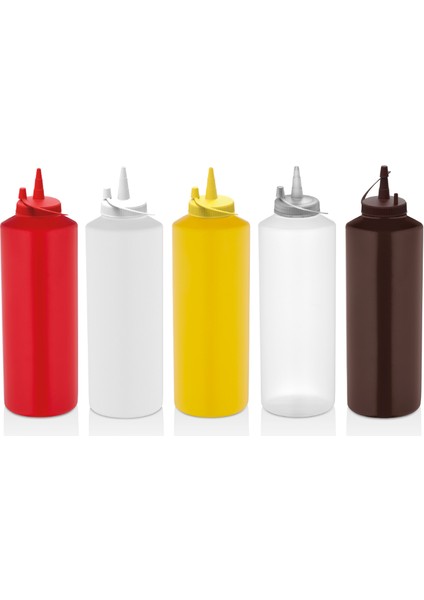 5'li Kapaklı Fişek Sosluk – Akıtmaz & Kapanabilir Uçlu Sıkma Sos Şişesi (250 ml / 500 ml / 750 ml / 1000 Ml)