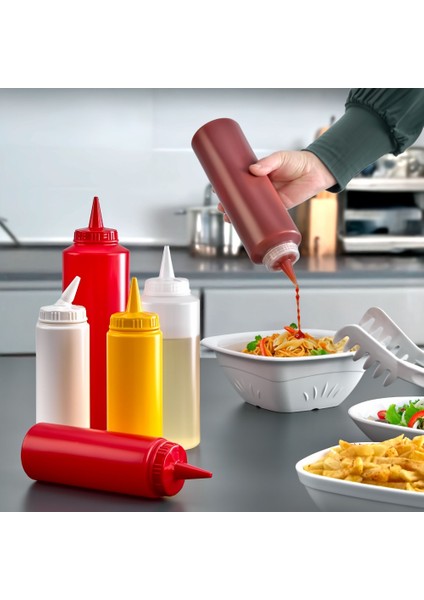 5'li Kapaklı Fişek Sosluk – Akıtmaz & Kapanabilir Uçlu Sıkma Sos Şişesi (250 ml / 500 ml / 750 ml / 1000 Ml) modelleri