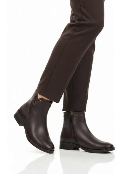 Kahve Hakiki Deri Içi Polarlı Kaymaz Kadın Bot 21893-1 Z