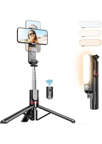 Işıklı Selfie Çubuğu, 360 ° Dönebilen, LED Dolgu Işıklı, 111CM Uzatılabilir, Kablosuz Kumanda, 3 Renk Modu, 9 Parlaklık Seviyesi, Tüm Cihazlar Ile Uyumlu modelleri