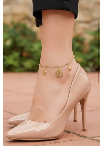 Kadın Gold 3 Charm Ayak Bilekliği Halhal 21 cm PMBL25614 fırsatları