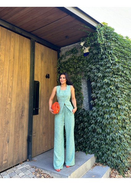 Kadın Düğmeli Yelek Palazzo Pantolon Kare Yaka Keten Takım modelleri