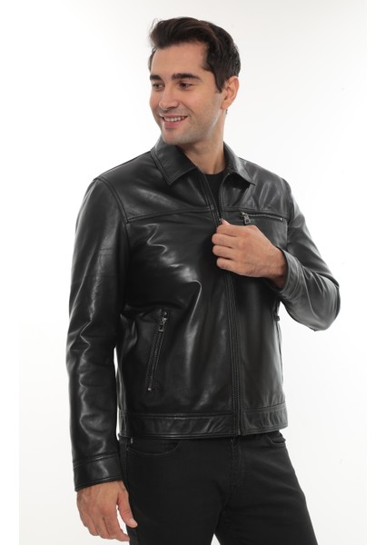 Erkek Hakiki Deri Mont - Ravero, Gömlek Yaka ve Fermuarlı Cepler ile Şık Tasarım