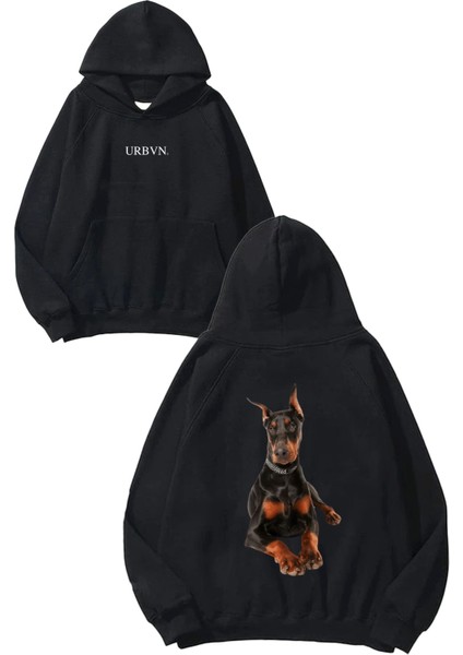 Doberman Real Tasarım Baskılı Oversize Siyah Kapüşonlu Sweatshirt