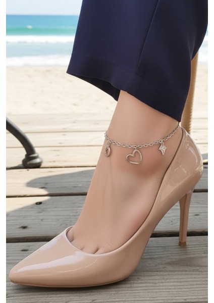 Kadın Gümüş 3 Charm Ayak Bilekliği Halhal 21 cm PMBL25616 fırsatları