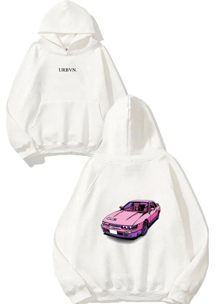 Pink Car Front Tasarım Baskılı Oversize Beyaz Kapüşonlu Sweatshirt