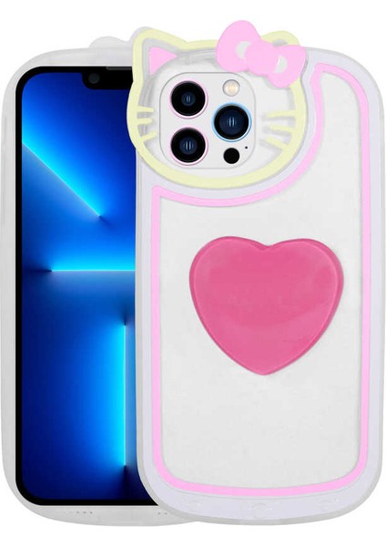 iPhone 13 Pro Max Kılıf Kedi Figürlü Transparan Pop Soketli Nxxa Ritmik Kapak-Pembe Koyu