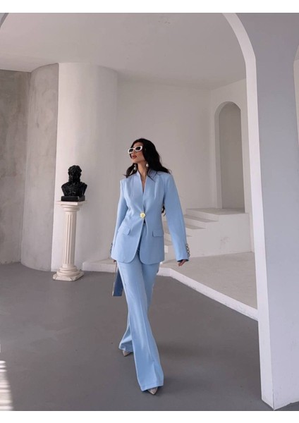 Kadın Gold Kurabiye Düğmeli Blazer Ceket Palazzo Pantolon Takım Elbise