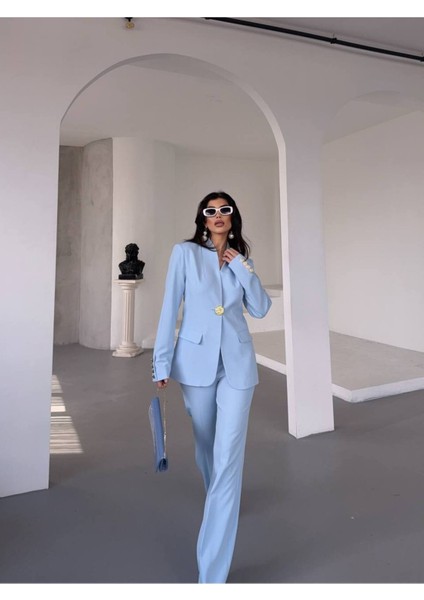 Kadın Gold Kurabiye Düğmeli Blazer Ceket Palazzo Pantolon Takım Elbise fiyatları