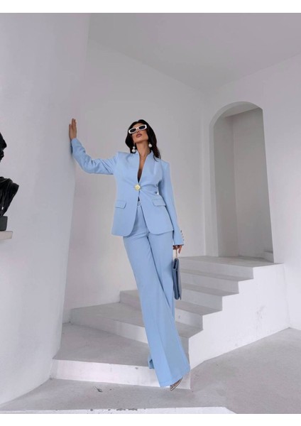 Kadın Gold Kurabiye Düğmeli Blazer Ceket Palazzo Pantolon Takım Elbise modelleri