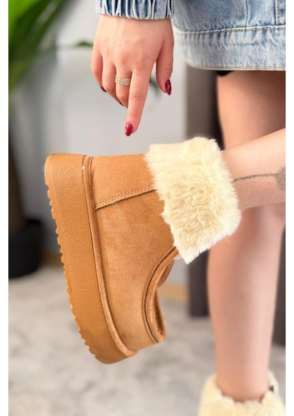 Kadın Impera Taba Süet Kürklü Fermuarlı 4 cm Kalın Tabanlı Kısa Bot